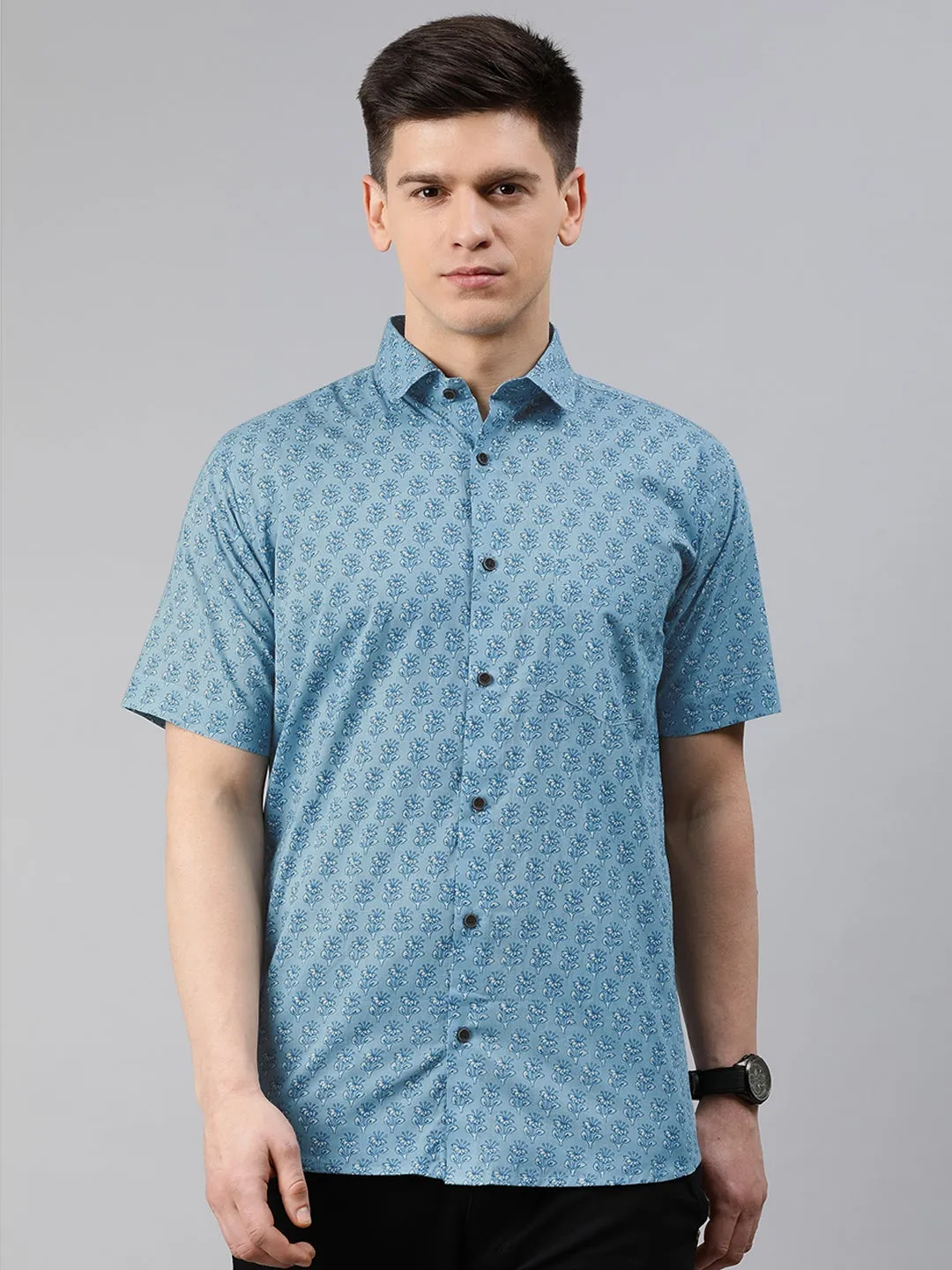 Blue Cotton Short Sleeves Shirts For Men-Mmh02