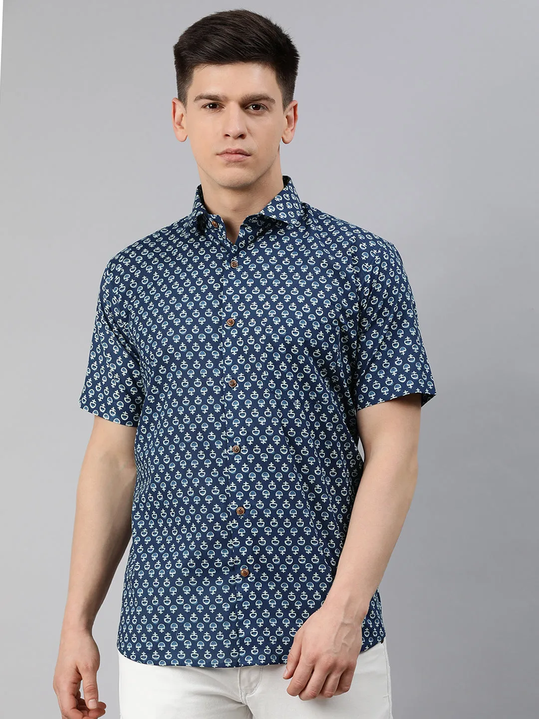 Blue Cotton Short Sleeves Shirts For Men-Mmh036