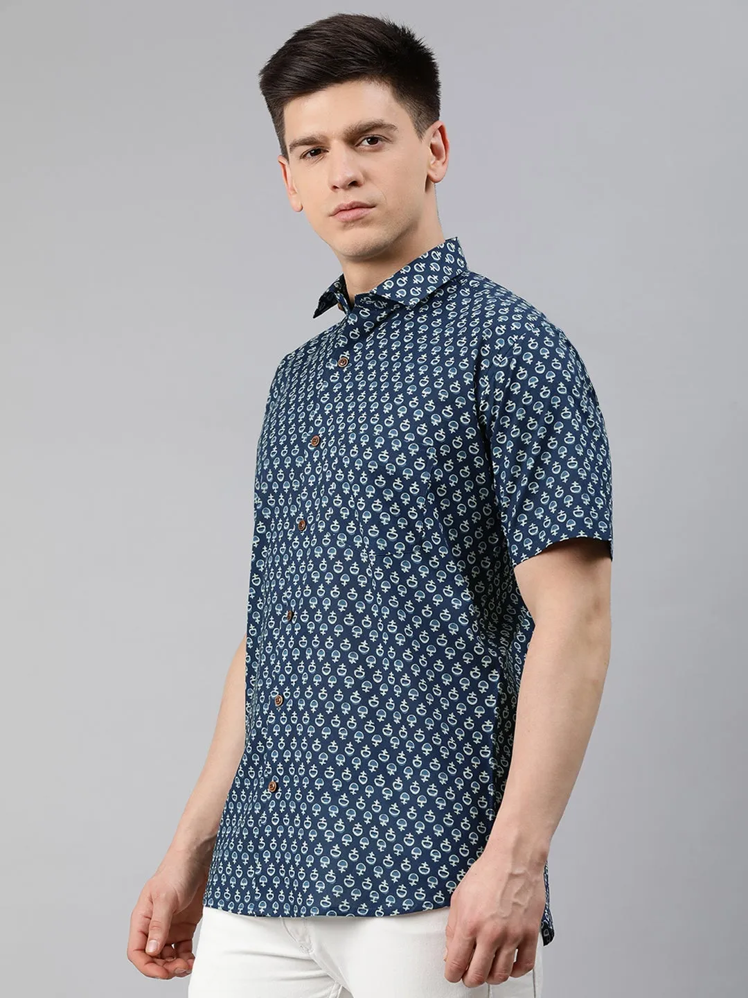 Blue Cotton Short Sleeves Shirts For Men-Mmh036