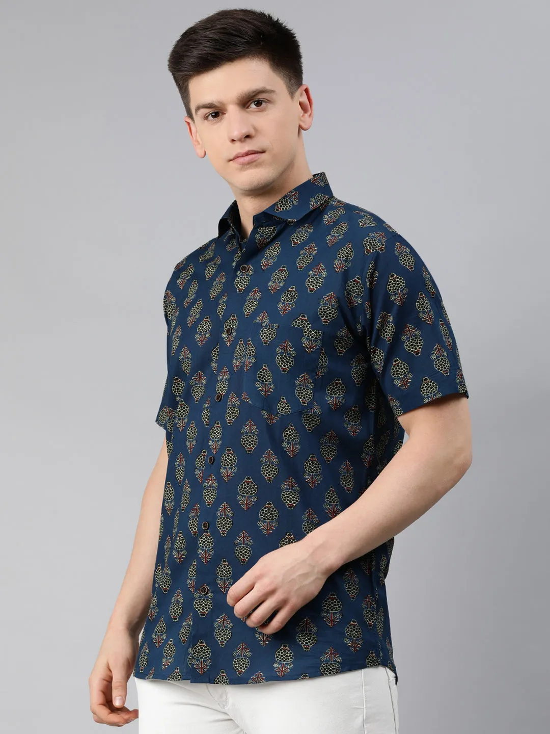 Blue Cotton Short Sleeves Shirts For Men-Mmh03