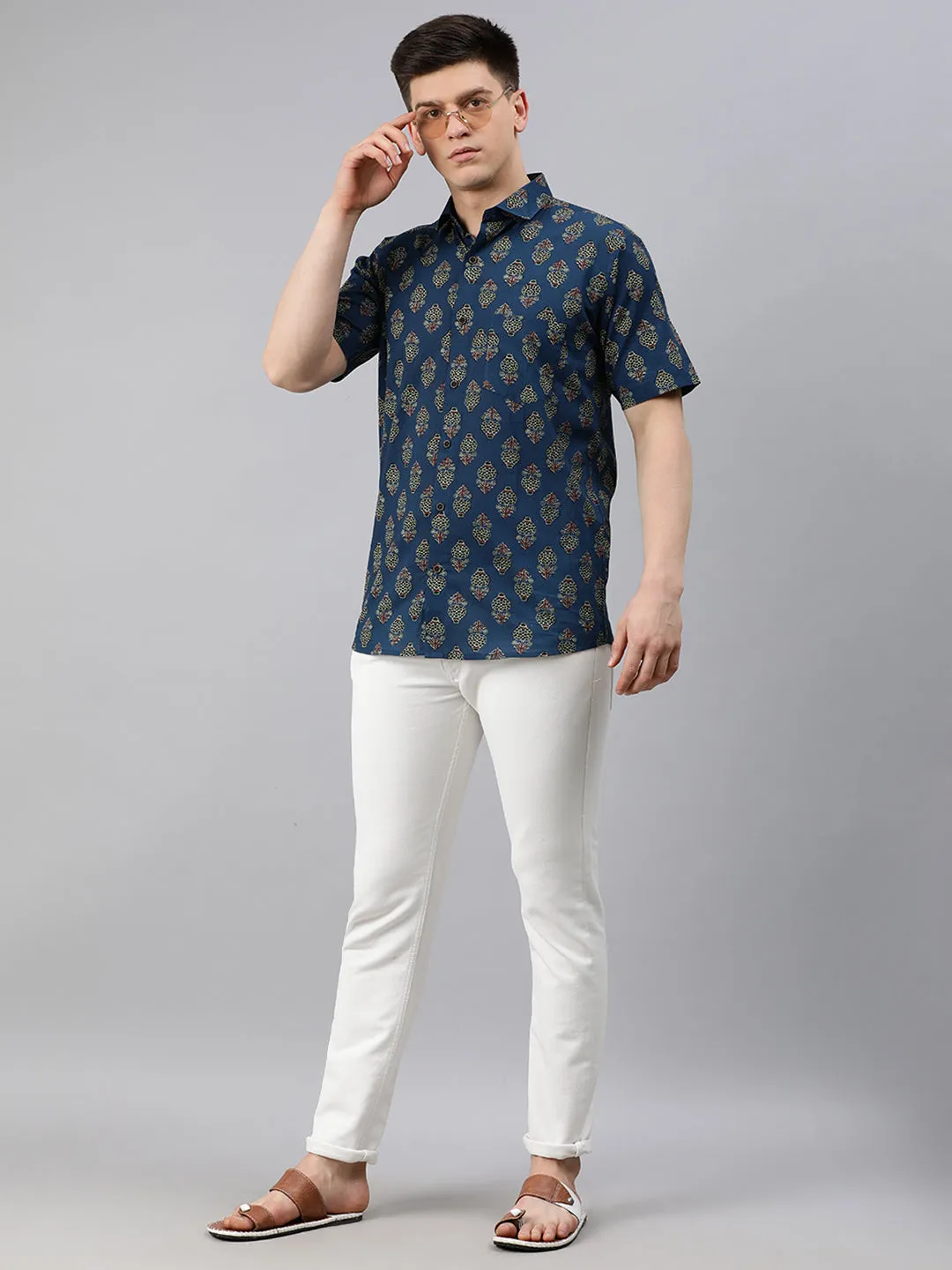 Blue Cotton Short Sleeves Shirts For Men-Mmh03