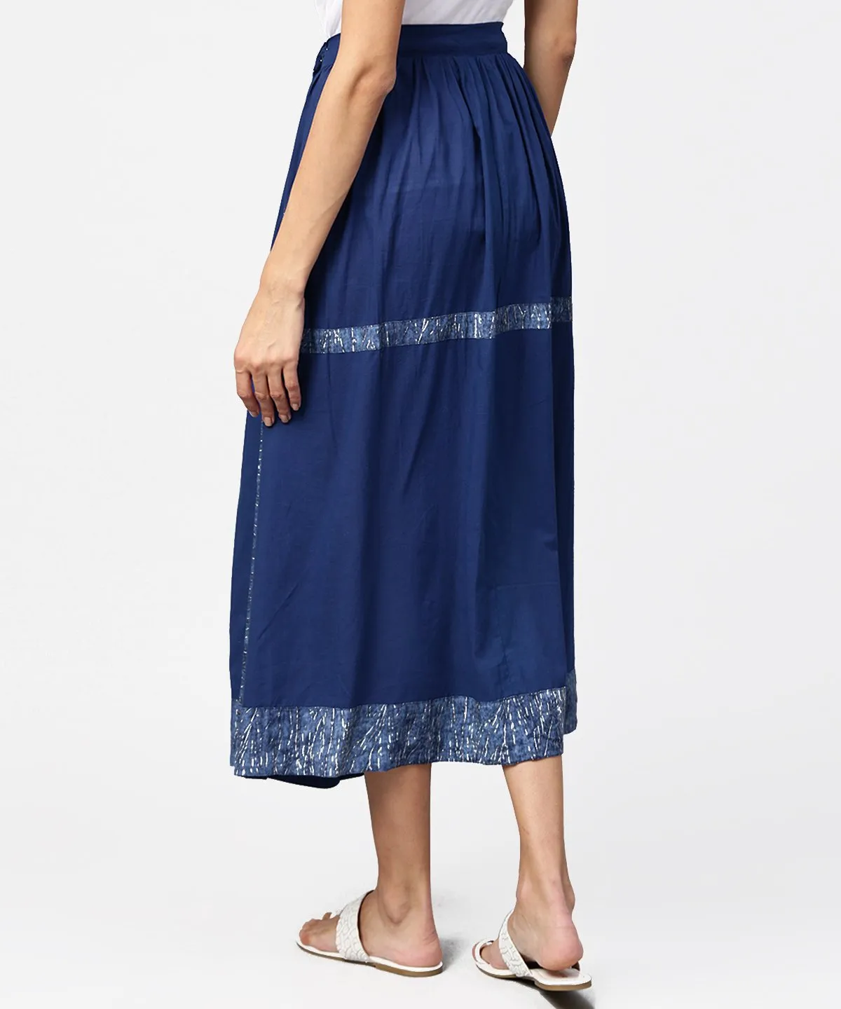 Blue Midi Length Cotton Flared Skirt