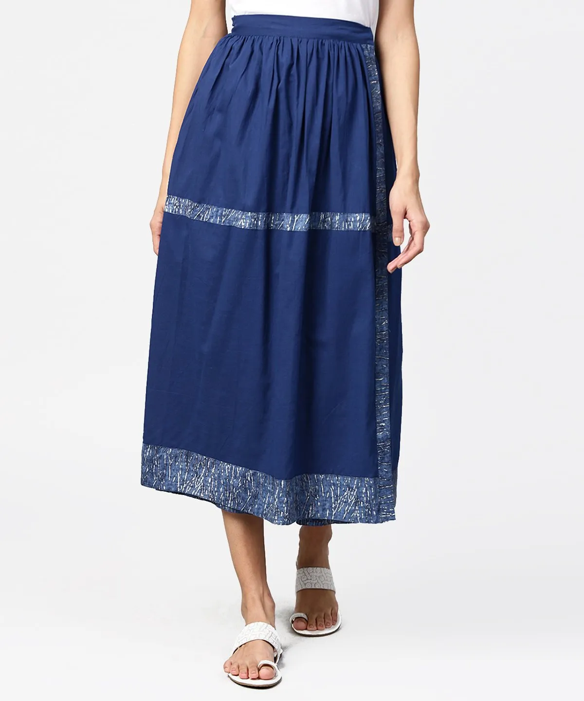 Blue Midi Length Cotton Flared Skirt