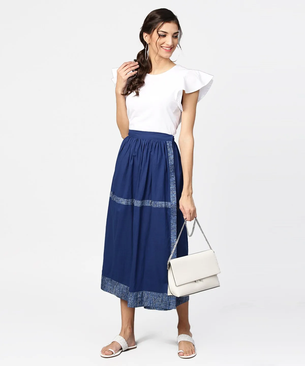 Blue Midi Length Cotton Flared Skirt