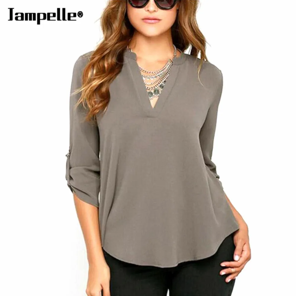 Blusas Femininas New Women V Neck Solid Chiffon t shirt Tops Sexy Fashion OL Long Sleeve Shirts 4 Colors Size M-XXL Hot