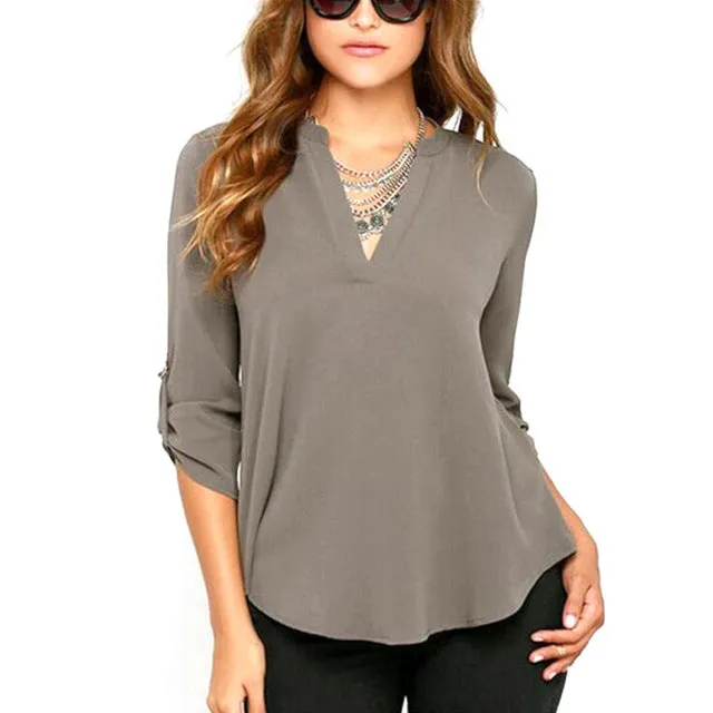 Blusas Femininas New Women V Neck Solid Chiffon t shirt Tops Sexy Fashion OL Long Sleeve Shirts 4 Colors Size M-XXL Hot