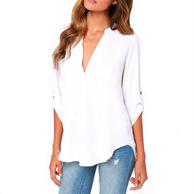 Blusas Femininas New Women V Neck Solid Chiffon t shirt Tops Sexy Fashion OL Long Sleeve Shirts 4 Colors Size M-XXL Hot