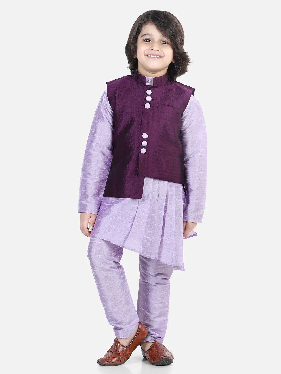 Boys Ethnic Festive Wear Assymetric Kurta Pajama with Jacquard Jacket-Purple