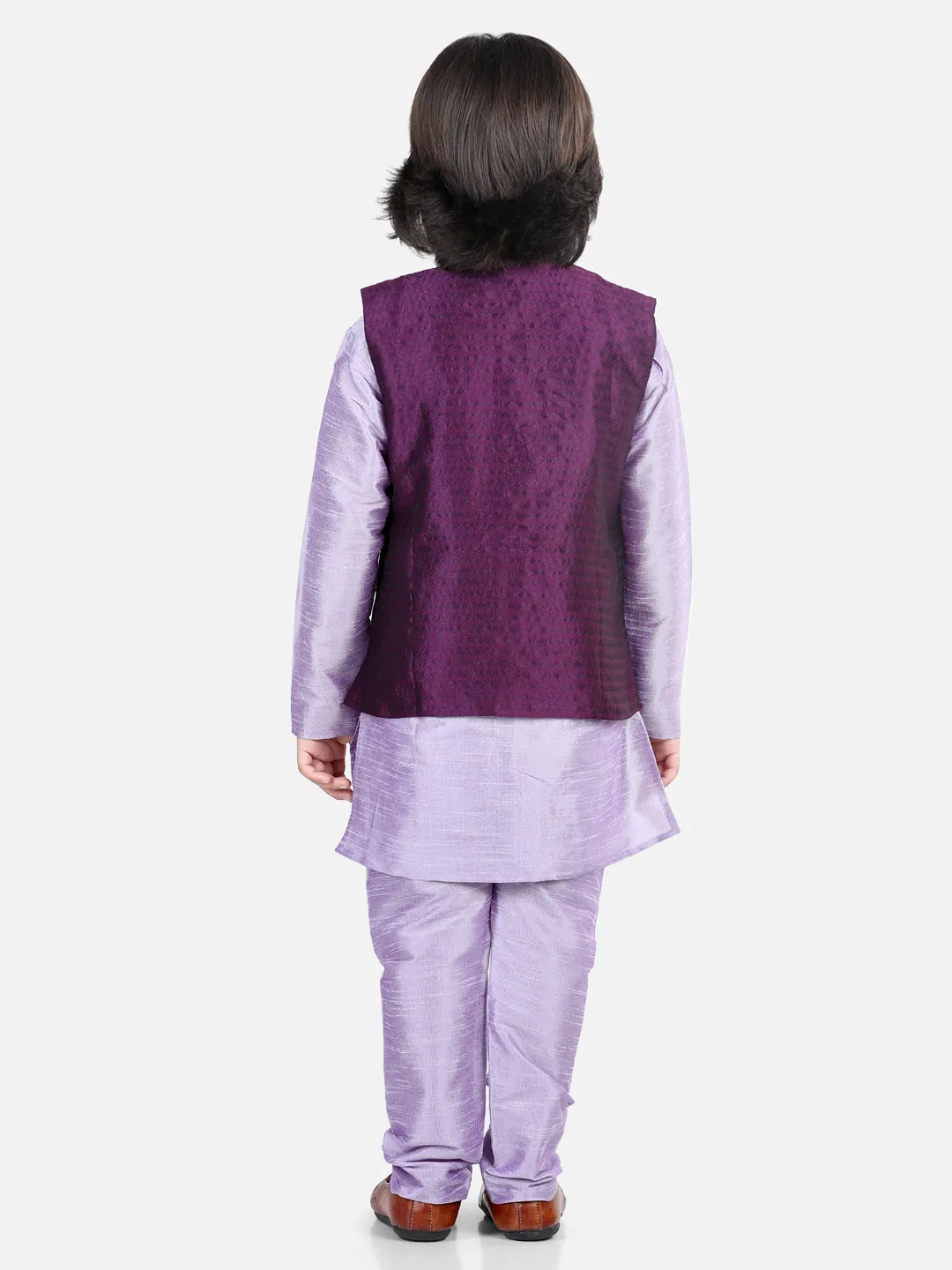 Boys Ethnic Festive Wear Assymetric Kurta Pajama with Jacquard Jacket-Purple