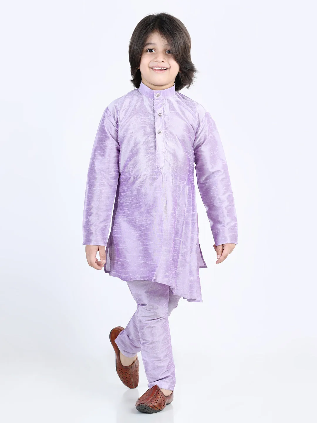 Boys Ethnic Festive Wear Assymetric Kurta Pajama with Jacquard Jacket-Purple