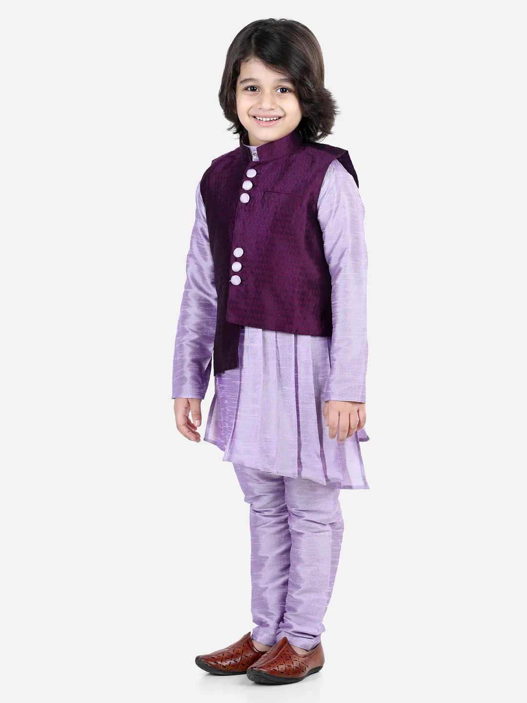 Boys Ethnic Festive Wear Assymetric Kurta Pajama with Jacquard Jacket-Purple