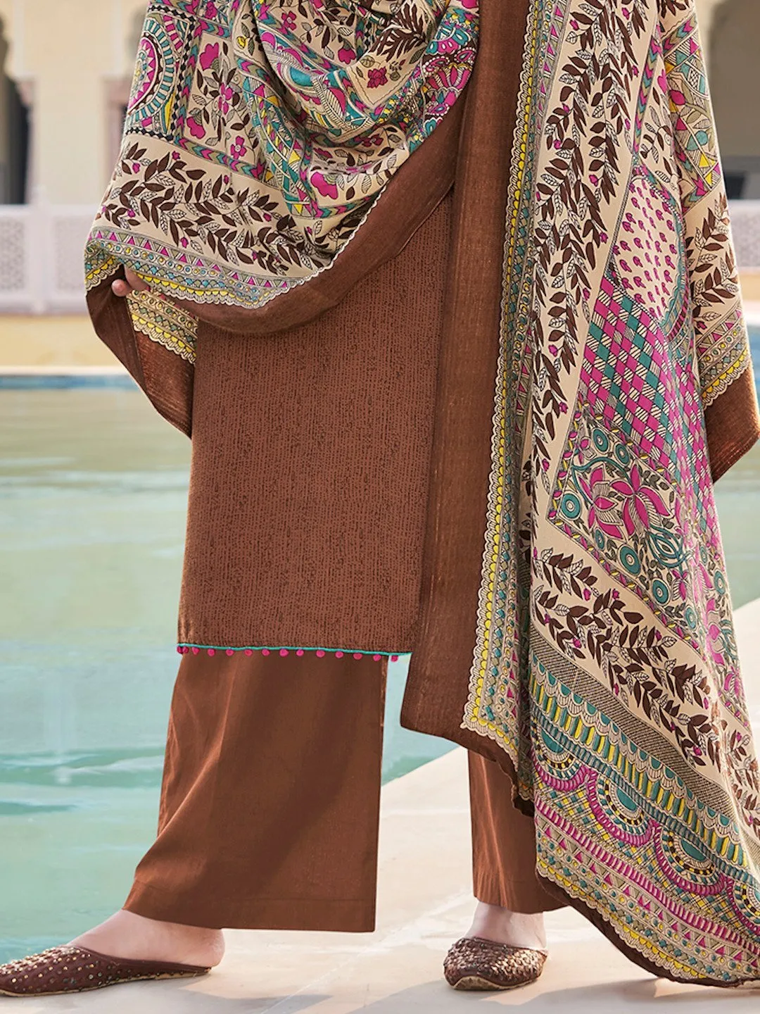 Brown Un-Stitched Faux Pashmina Suit with Dupatta