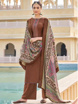 Brown Un-Stitched Faux Pashmina Suit with Dupatta