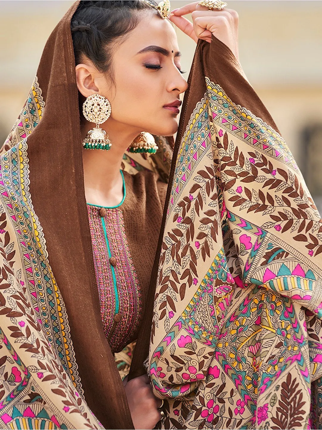 Brown Un-Stitched Faux Pashmina Suit with Dupatta