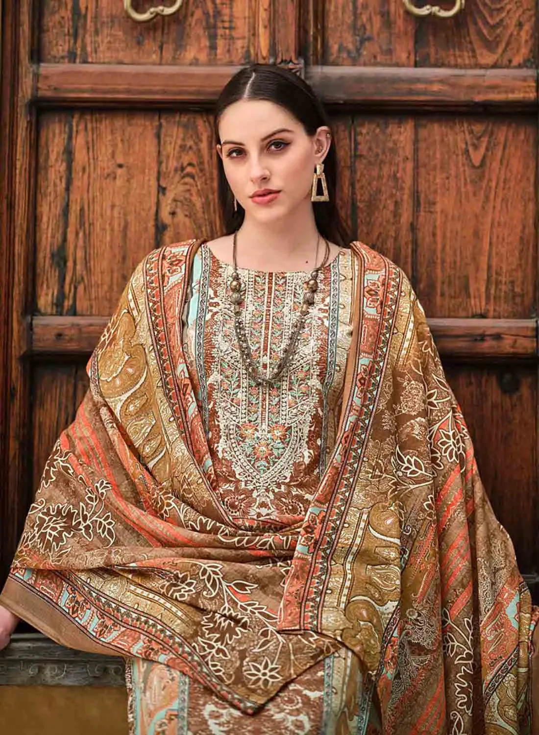 Brown Unstitched Pakistani Print Cotton Suit Dress Material for Ladies