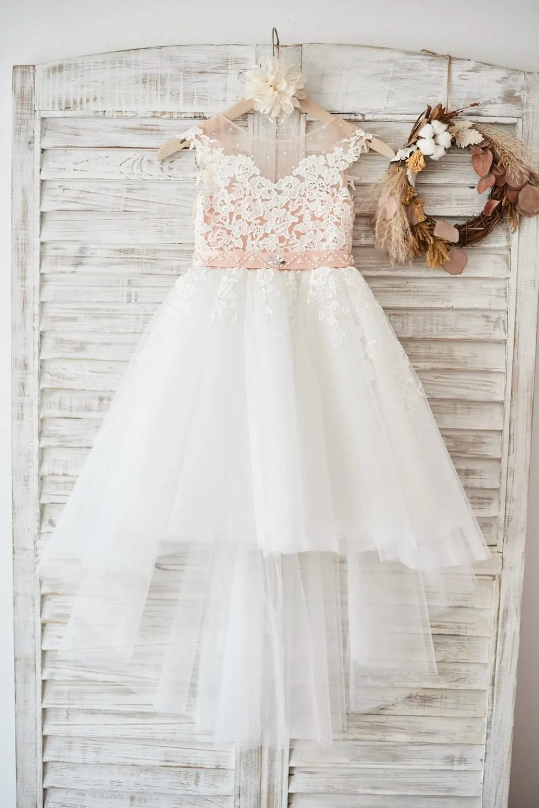 Cap Sleeves Ivory Lace Tulle Hi Low Wedding Party Flower Girl Dress Beading Waist