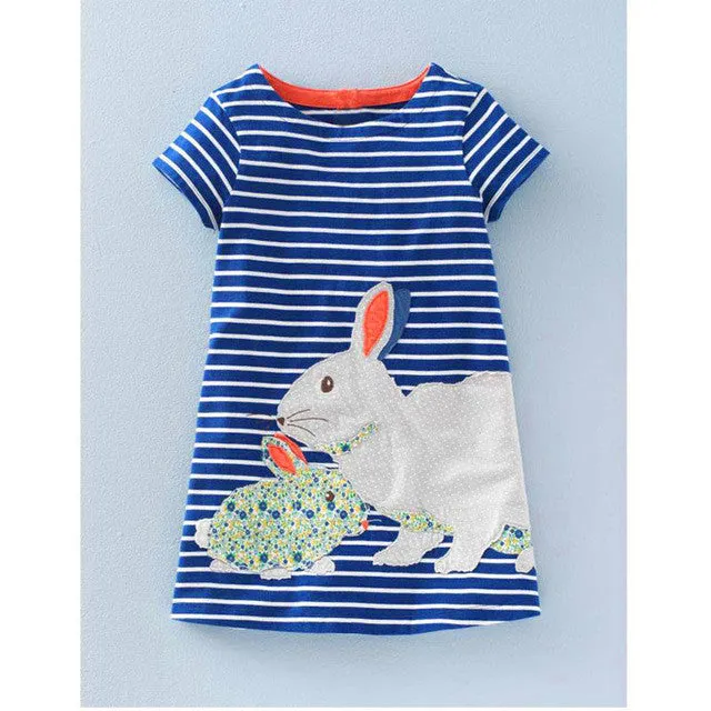 Cartoon Rabbit Kids Baby Girls Dress White And Blue Striped Summer One pieces Cute O Neck Mini Dress 2-7Y