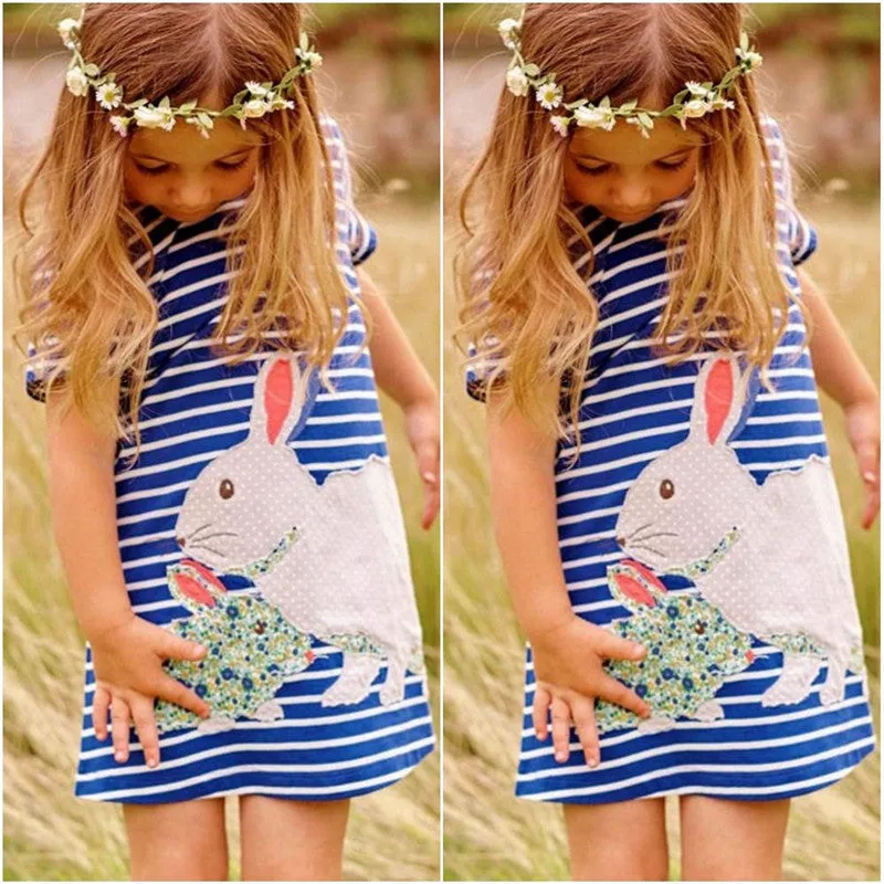 Cartoon Rabbit Kids Baby Girls Dress White And Blue Striped Summer One pieces Cute O Neck Mini Dress 2-7Y