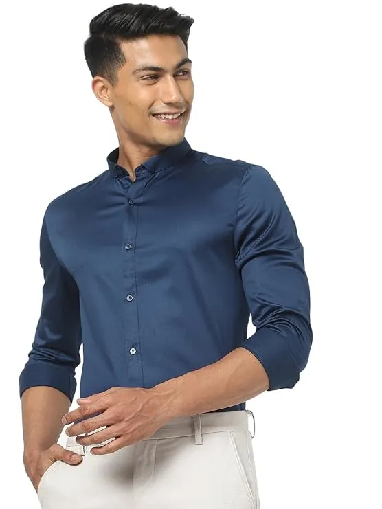 Charming Navy Blue Colored Shining Silk Shirt For Men