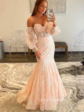 Chic Mermaid Sweetheart Light Sky Blue Long Prom Dresses Lace Formal Gowns JKSS02