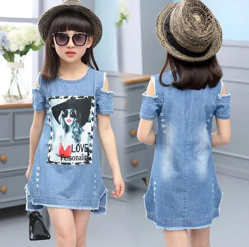 Children Dresses For Girls Denim Dress Summer Strapless Dress Pattern Girls Clothing Short Sleeve Child Clothes Denim T-Shirts