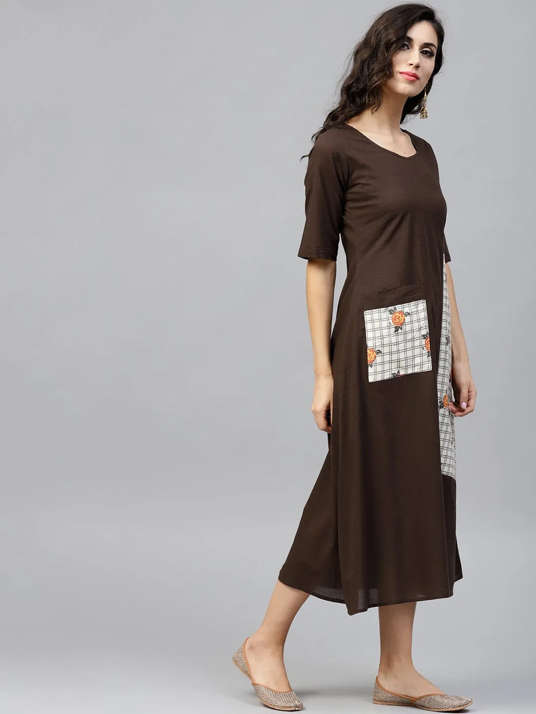 Dark Brown A-Line Dress With Front Patch Pockets And Half Sleeves