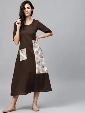 Dark Brown A-Line Dress With Front Patch Pockets And Half Sleeves