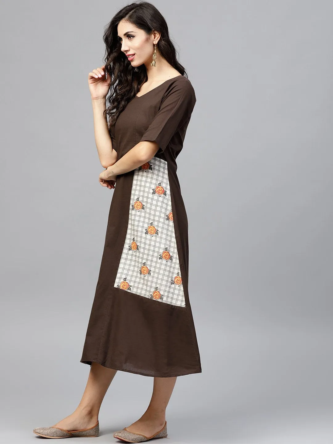 Dark Brown A-Line Dress With Front Patch Pockets And Half Sleeves