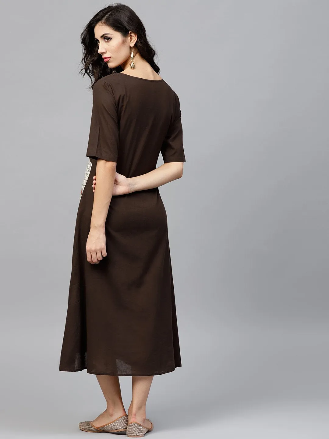 Dark Brown A-Line Dress With Front Patch Pockets And Half Sleeves