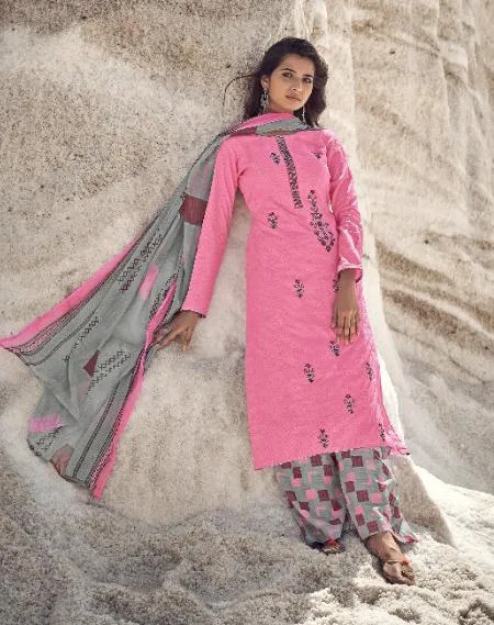 Designer Women Pink Cotton Suits Set with Embroidery