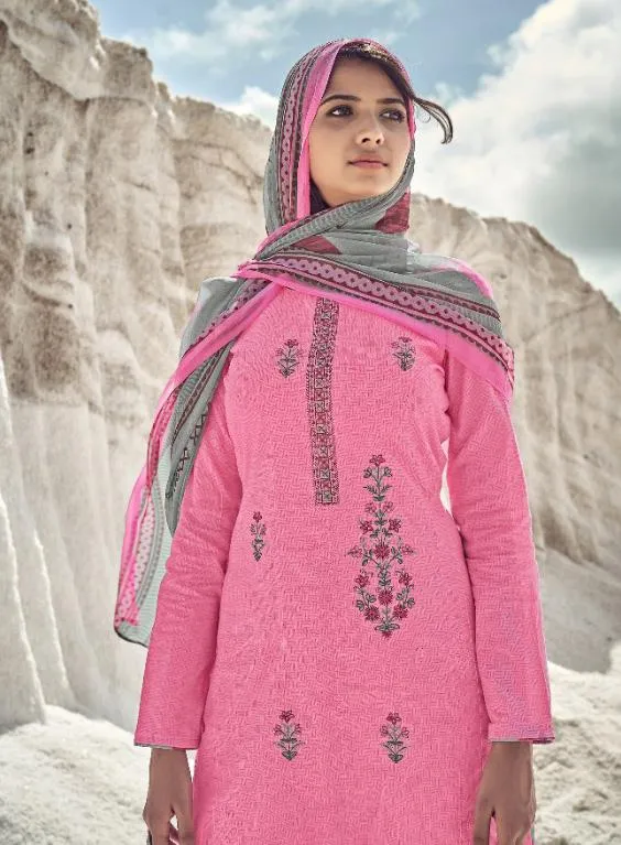 Designer Women Pink Cotton Suits Set with Embroidery