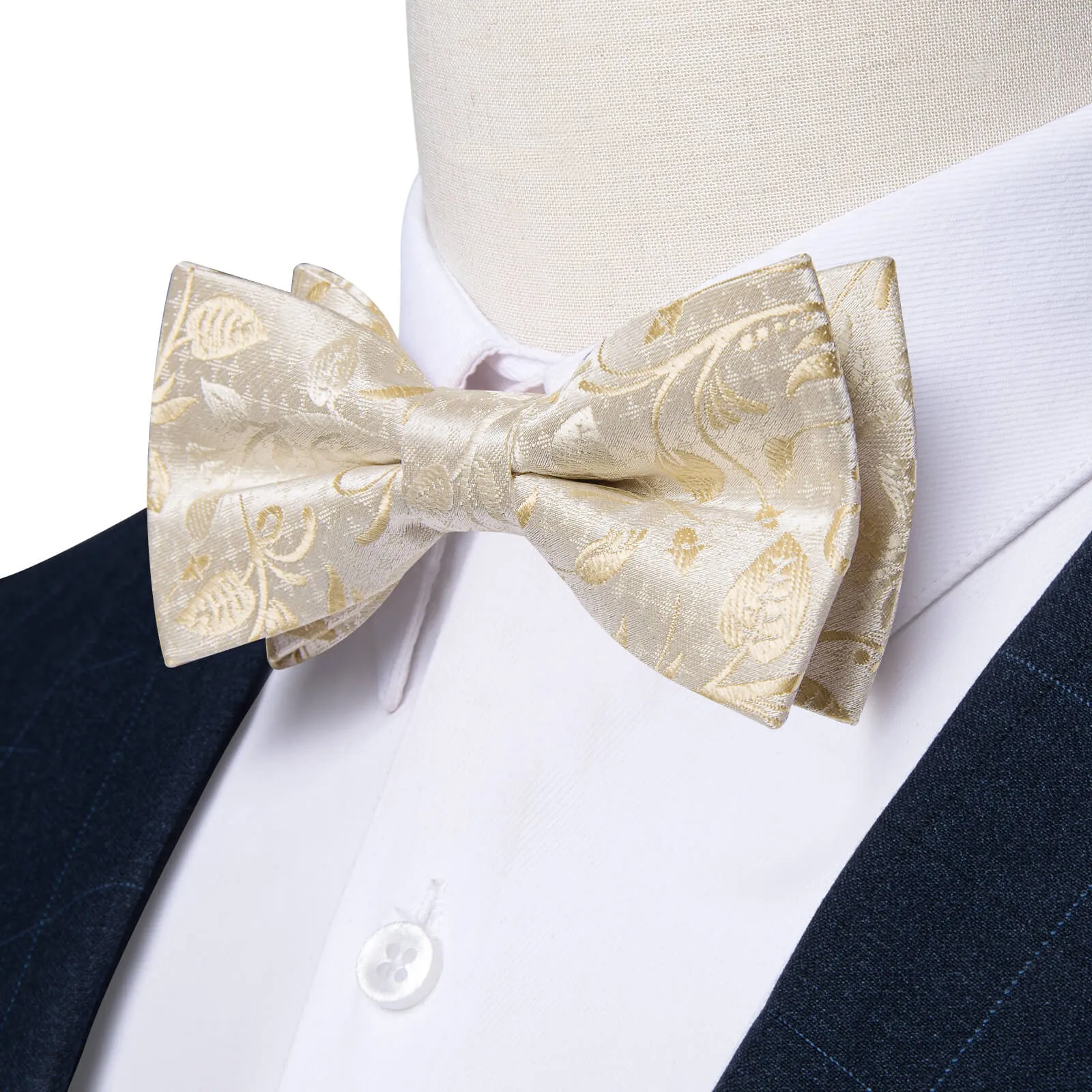 DiBanGu Kids Bow Tie Champagne Color Floral Silk Pre-Bow Tie Hanky Set