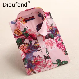 Dioufond 5XL Floral Blouse Summer Shirt Women Fruit Long Sleeve Tops Cotton Shirts Pink White Blouses Blusas Femininas 2016 New