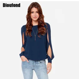 Dioufond Chiffon Spring Long Sleeve Tops Women Blouses O-neck new Fashion blouses Plus Size Slim Hollow Out Solid Blouse Women