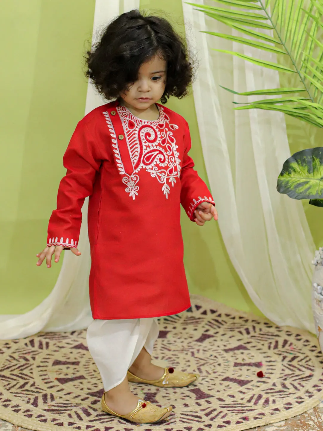 Embroidered Bangali Style Kurta with Dhoti for Boys- Red