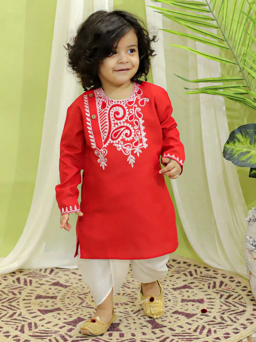 Embroidered Bangali Style Kurta with Dhoti for Boys- Red