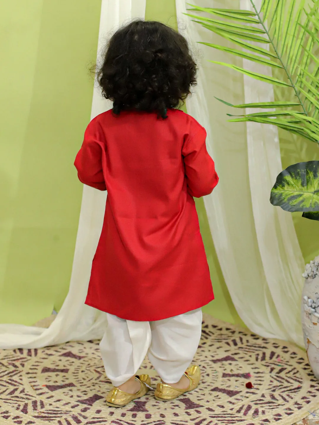 Embroidered Bangali Style Kurta with Dhoti for Boys- Red