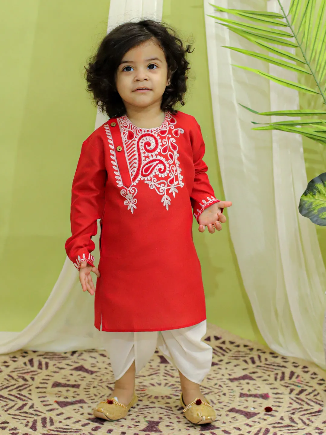 Embroidered Bangali Style Kurta with Dhoti for Boys- Red