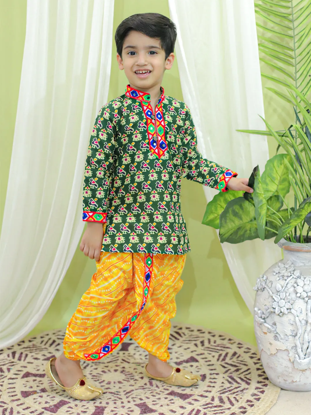 Ethnic Festive Wear Printed Cotton Kurta with Dhoti for Boys- Green