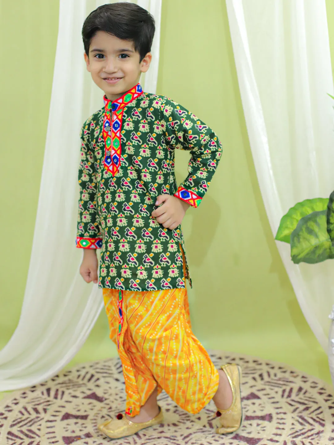 Ethnic Festive Wear Printed Cotton Kurta with Dhoti for Boys- Green