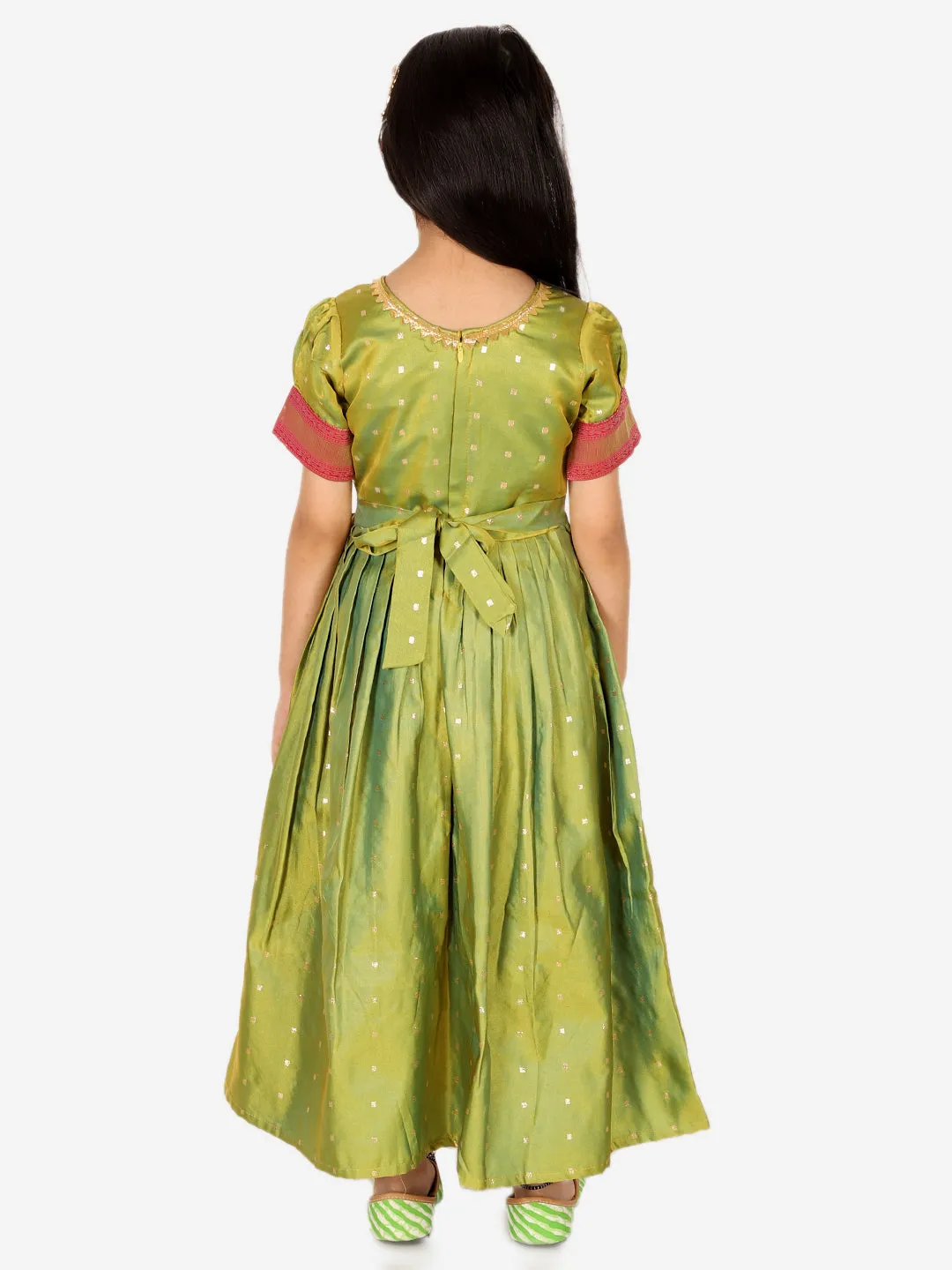 Ethnic Silk Booti Party Dress Gown for Girls- Green