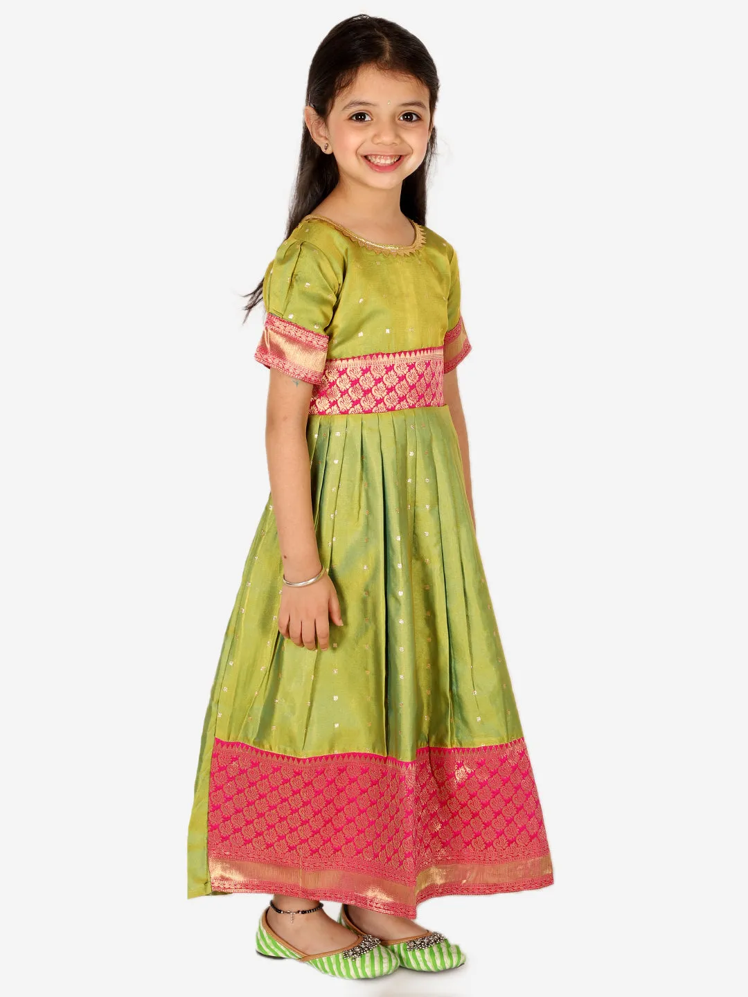 Ethnic Silk Booti Party Dress Gown for Girls- Green