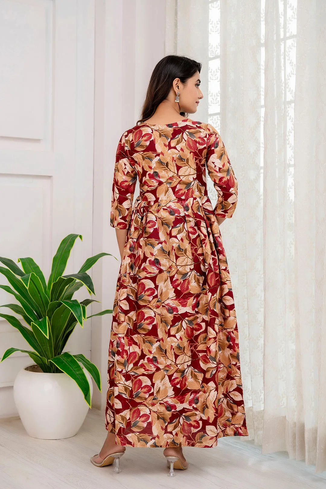 Fab Maroon Abstract Printed Gather Dress For Women