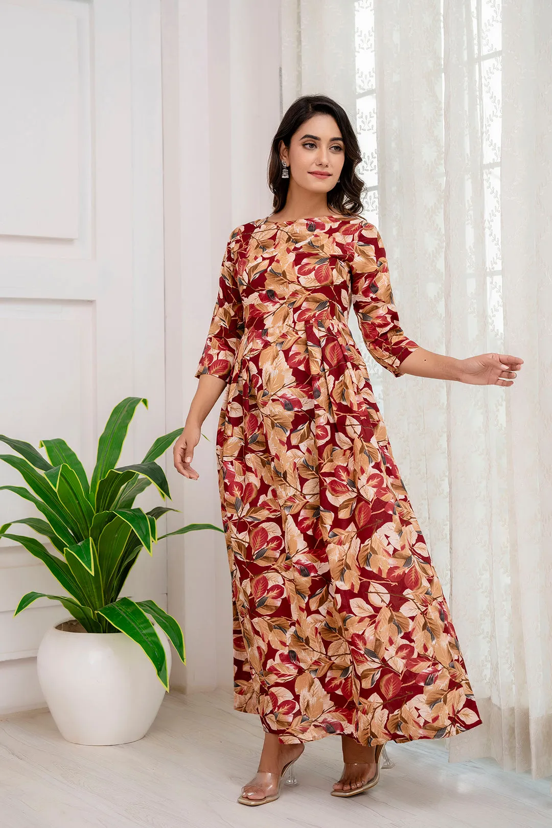 Fab Maroon Abstract Printed Gather Dress For Women