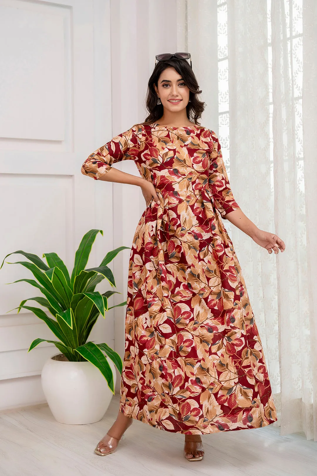 Fab Maroon Abstract Printed Gather Dress For Women