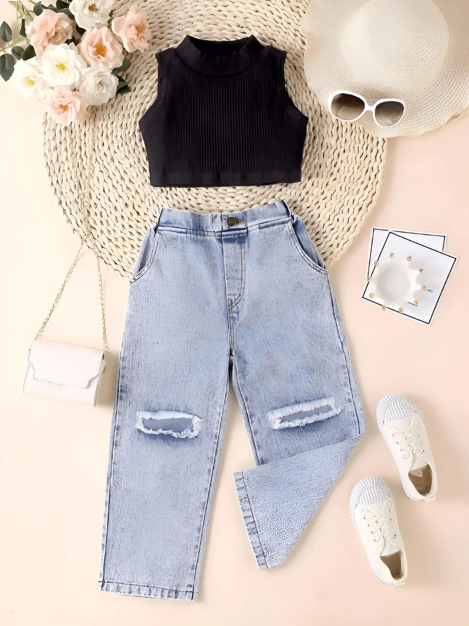 Fashion Girls' Sleeveless Crop Top and Loose Ripped Denim Jeans 2-Piece Set