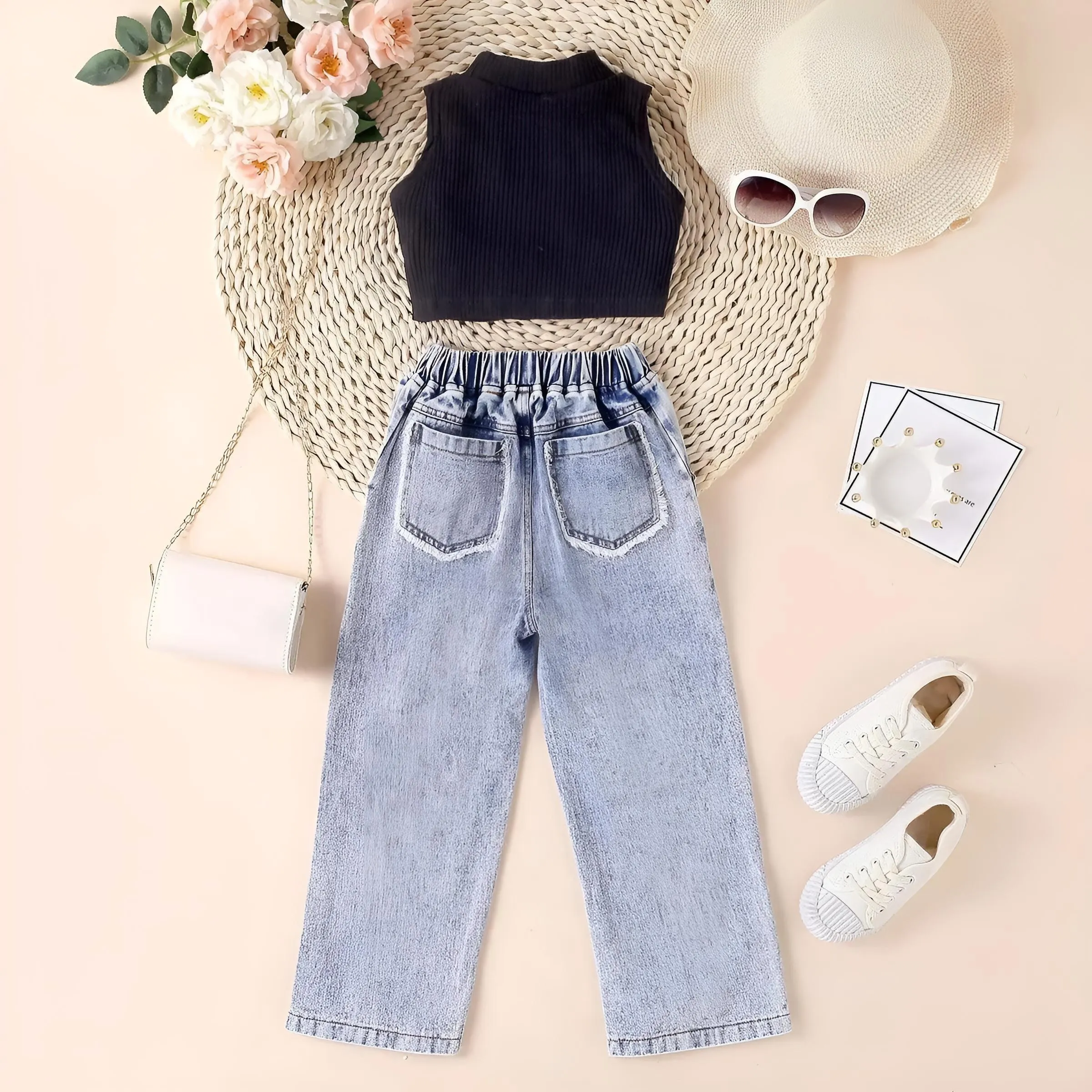 Fashion Girls' Sleeveless Crop Top and Loose Ripped Denim Jeans 2-Piece Set