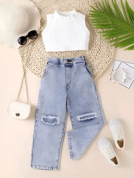 Fashion Girls' Sleeveless Crop Top and Loose Ripped Denim Jeans 2-Piece Set