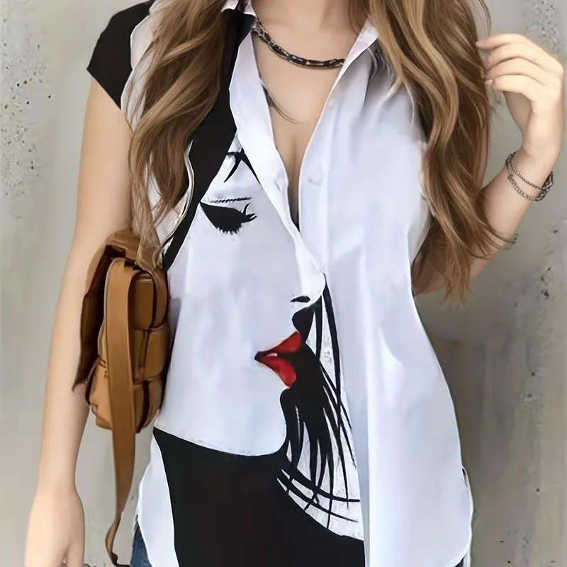 Figure Print Cap Sleeve Blouse for Plus Size Women