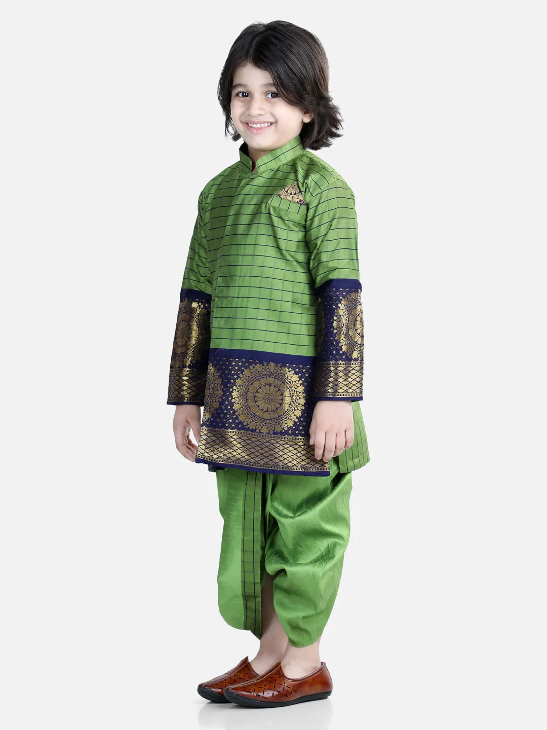 Full Sleeve Silk Border Sherwani Dhoti Sets for Boys- Green